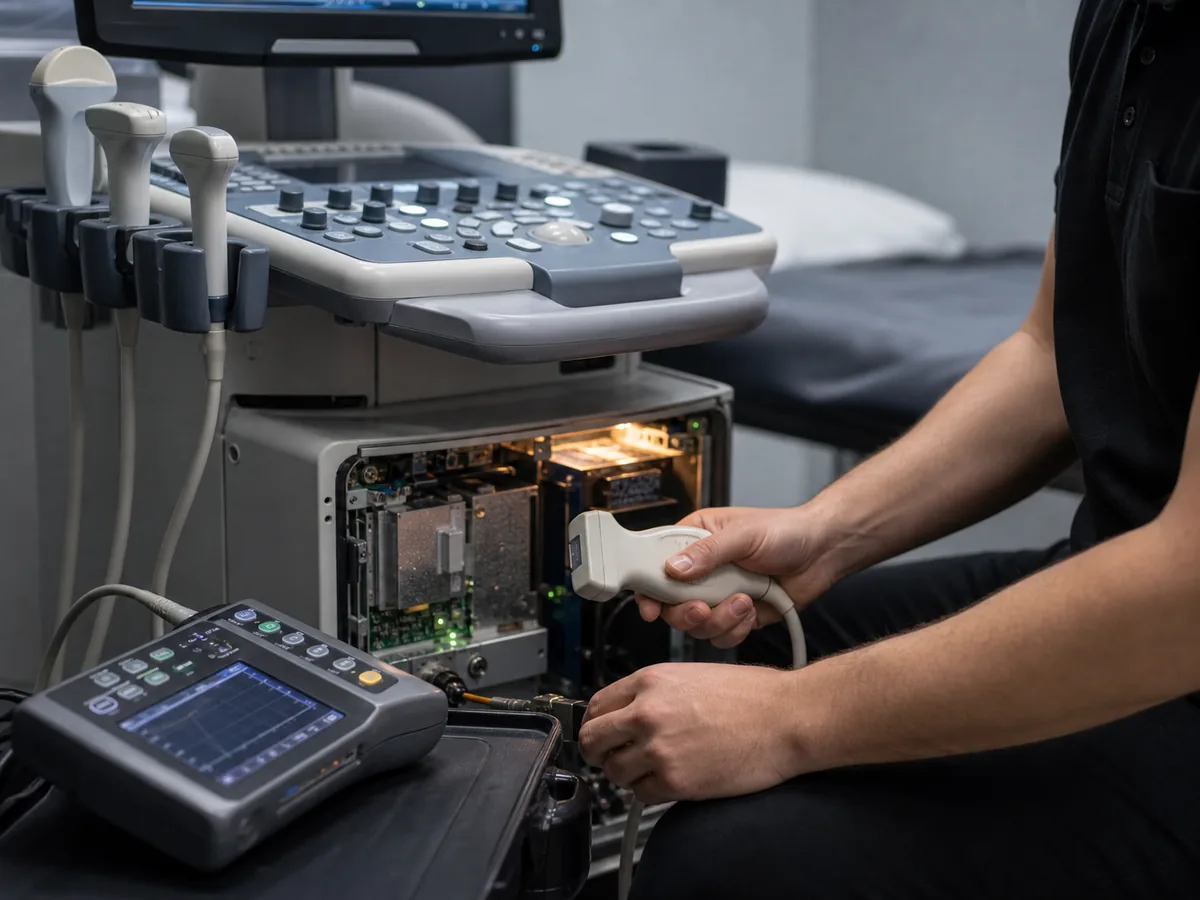 A MERG technician testing an ultrasound probe and its open electronics bay